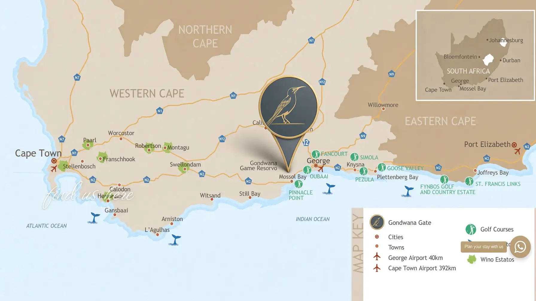 Map showing Gondwana Game Reserve on the Garden Route near Mossel Bay