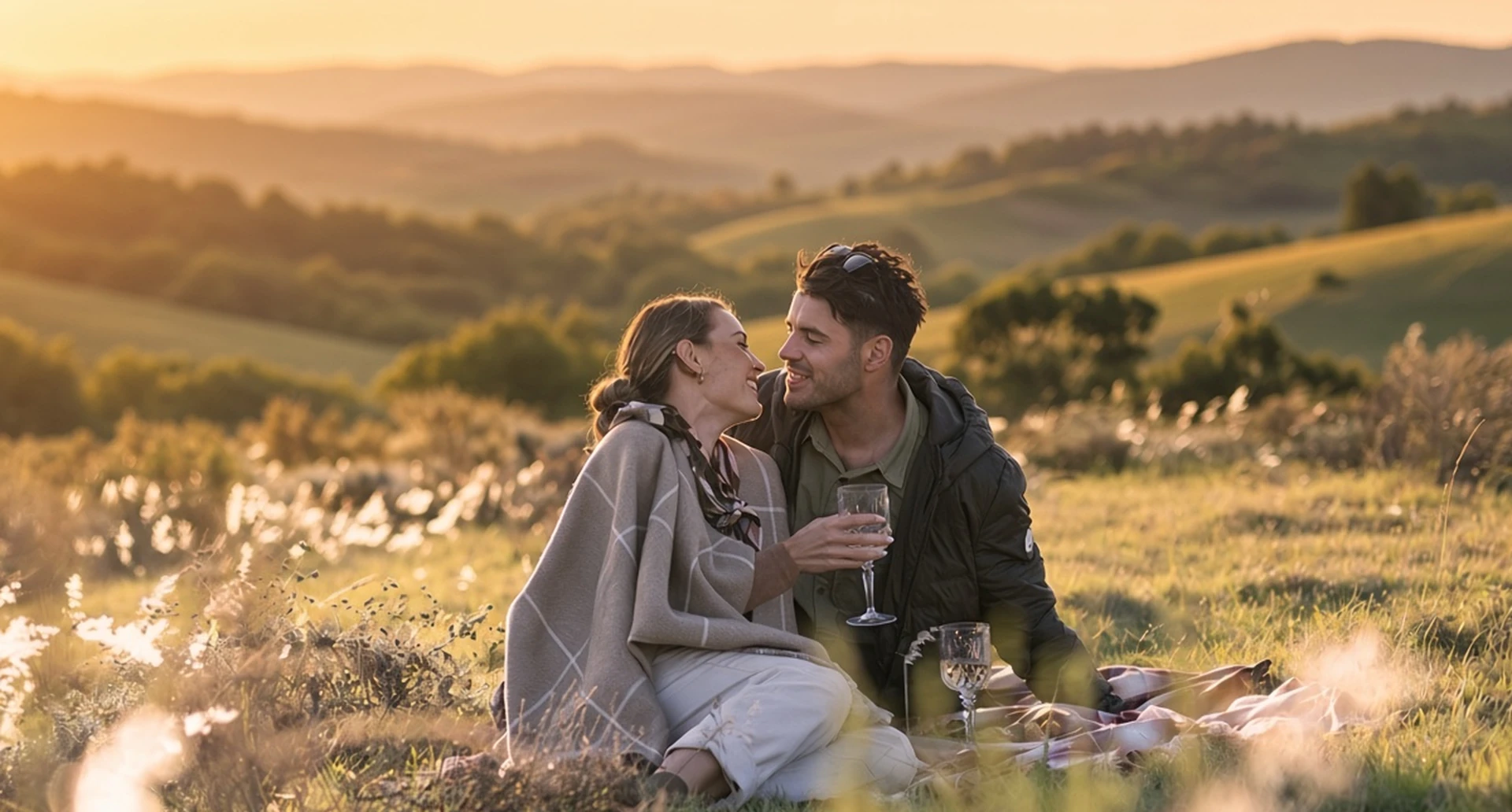 A couple share a sundowner on the fynbos at Gondwana Game Reserve.